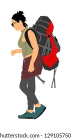 Passenger woman with luggage walking to airport vector illustration. Traveler girl with backpack go home. Lady carry baggage. Tourist with heavy cargo load waiting hiking on holiday. Refugee on border