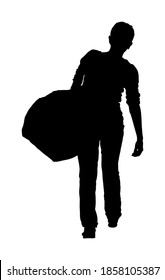 Passenger woman with luggage walking to airport vector silhouette. Traveler girl with large bag go home. Lady carry baggage. Tourist with heavy cargo load waiting taxi after holiday. Refugee on border