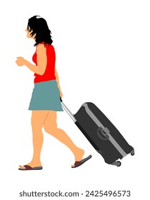 Passenger woman with rolling suitcase baggage vector illustration. Traveler girl carry bag luggage walking to airport go home. Tourist lady in summer clothes with cargo load waiting taxi to holiday.