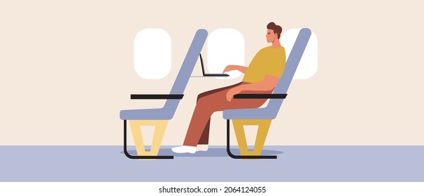 The passenger works on the plane. Flat vector stock illustration. Freelancer male with laptop. Airplane with an elluminator. Flight concept. Passenger with a computer on the plan