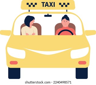 Passenger yellow transport with female driver. Woman in taxi