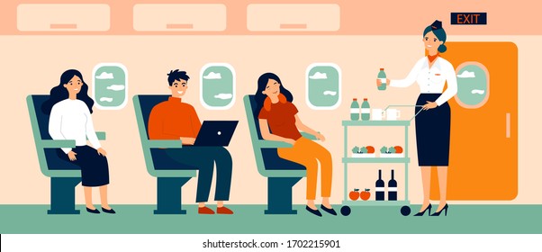 Passengers in air trip waiting for beverage flat vector illustration. Business class travelers sitting near airplane window. People travelling by plane. Airline, tourism and journey concept