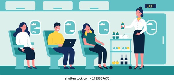 Passengers in air trip waiting for beverage flat vector illustration. Business class travelers sitting near airplane window. People travelling by plane. Airline, tourism and journey concept