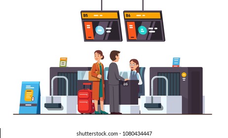 Passengers & Airline Company Woman At International Airport Check In Desk Counter Gate With Weighting Luggage Belt, Security Check Point Metal Detector, X-ray Scanner. Flat Vector Illustration