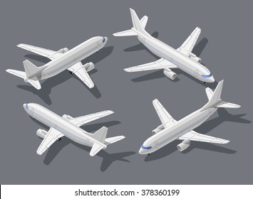 Passenger's airliner high quality detailed flat isometric vector illustration. Modern 3d airplane all around symbols. Elements for product promotion, presentation and infographics isolated on gray