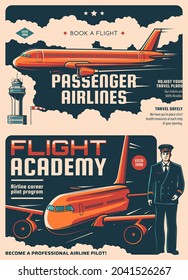 Passengers Airlines And Flight Academy Retro Posters. Air Flight Industry, Airplane Tickets Booking Service And Airline Pilots School Vintage Banners With Airliner In Sky, Airport Dispatcher Tower