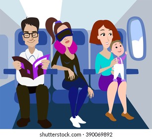 飛行機内の飛行機の家族の乗客 飛行機内の赤ちゃんを持つ女性 飛行機を持つ睡眠中の女の子 機内の雑誌を持つ男性 飛行機 の乗客を描いた平らなベクターカートーンイラスト のベクター画像素材 ロイヤリティフリー