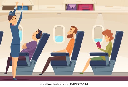 Passengers airplane. Stewardess avia service tourism aviation vector cartoon background