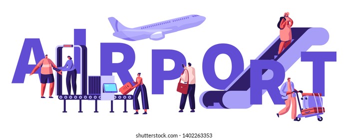 Passengers in Airport Concept. People Put Baggage on Conveyor Belt, Passing Control, Going Up by Ladder, Prepare for Airplane Flight, Poster, Banner, Flyer, Brochure. Cartoon Flat Vector Illustration