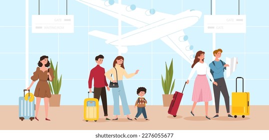 Passengers at airport. Men and women with children and suitcases waiting to board flight. Travel and tourism, vacation and holiday. People with luggage and baggage. Cartoon flat vector illustration