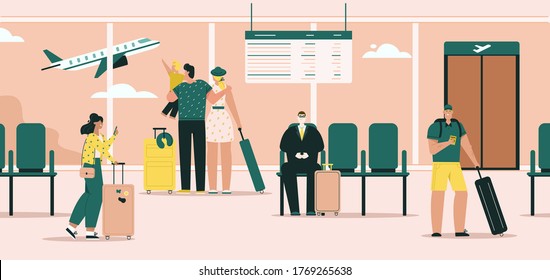 Passengers in airport terminal with luggage. Family travelers look out window at plane. Tourists waiting for boarding at hall. Vector character illustration of airline travel, vacation, business trip