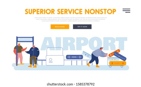 Passengers in Airport Website Landing Page. People Put Baggage on Conveyor Belt, Passing Control, Loader Push Trolley with Luggage. Airplane Flight Web Page Banner. Cartoon Flat Vector Illustration