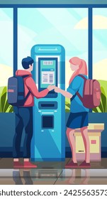 passengers in arrival waiting room self check in at automatic machine or buying tickets in interactive terminal travel service concept