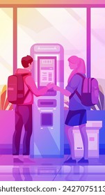 Passagiere im Ankunftswartezimmer selbst einchecken am Automaten oder kaufen Tickets im interaktiven Terminal Travel Service Konzept