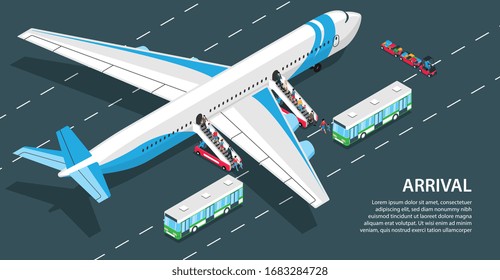 Passengers arriving at airport going down air stairs 3d isometric horizontal vector illustration