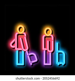 Passengers With Baggage neon light sign vector. Glowing bright icon Passengers With Luggage Standing In Airport Or Railway Station sign. transparent symbol illustration
