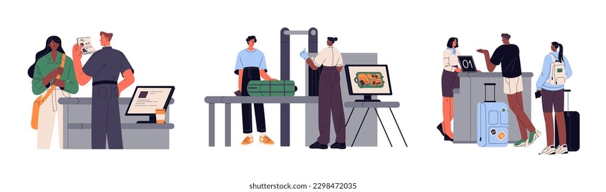 Passengers at baggage and passport control, check-in counter. Tourists travel with luggage, border and customs guard, safety checkpoints. Flat vector illustrations set isolated on white background