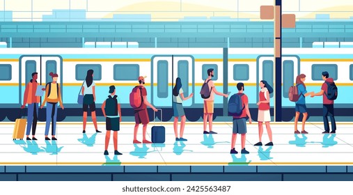 pasajeros con equipaje de pie en la estación de tren personas esperando en el andén transporte público concepto de transporte horizontal