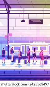 pasajeros con equipaje de pie en la estación de tren personas esperando en la plataforma concepto de transporte público vertical