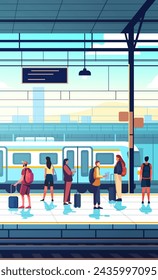 passengers with baggage standing on railway station people waiting on platform public transport transportation concept vertical