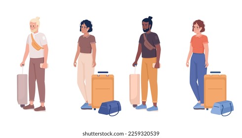 Pasajeros con bolsas esperando en fila para abordar caracteres vectores de color semiplano. Personas con cuerpo completo editable en blanco. Paquete de ilustraciones simples de dibujos animados para diseño gráfico web y animación