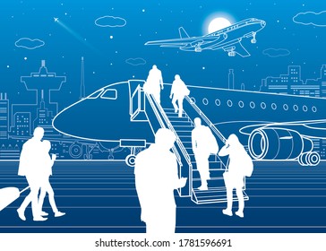 Passengers board the plane. Contour transport illustration. City airport infrastructure. Vector design art