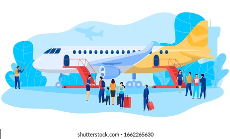 Passengers boarding airplane, people at airport, vector illustration. Flight crew and travelers cartoon characters, men and women with baggage boarding plane. Stewardess checking flight tickets