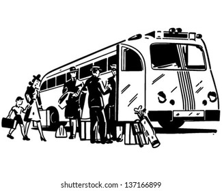 Passengers Boarding Bus - Retro Clip Art Illustration