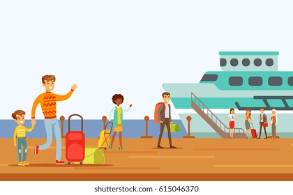 Passengers Boarding Large Ship, Part Of People Taking Different Transport Types Series Of Cartoon Scenes With Happy Travelers