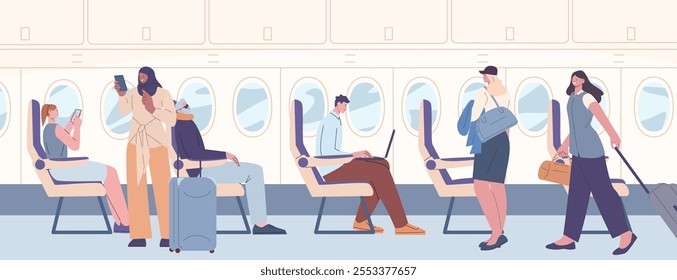 Passengers boarding plane. Travelers on aircraft board, people with suitcases and bags, sitting with laptops, sleeping. Flight vacations, vector scene