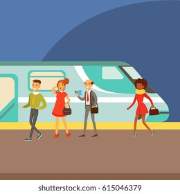 Passengers Boarding A Train At The Platform, Part Of People Taking Different Transport Types Series Of Cartoon Scenes With Happy Travelers