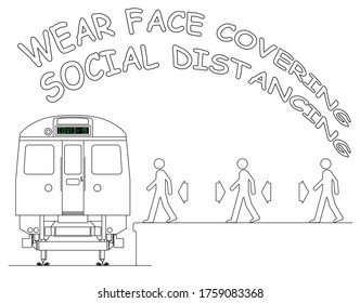 Pasajeros abordando un tren practicando distanciamiento social y aconsejando usar coberturas para la cara mientras los países se preparan para desbloquear restricciones debido a una pandemia aislada en fondo blanco 
