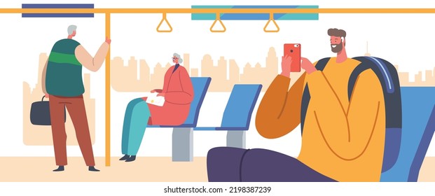 Passengers in Bus, Old and Young People inside of Urban Public Transport. Tourists and Citizen Characters Inside of Transportation with Large Window and Cityscape View. Cartoon Vector Illustration
