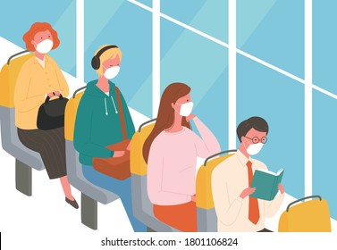 Passengers in the bus are sitting wearing masks. flat design style minimal vector illustration.