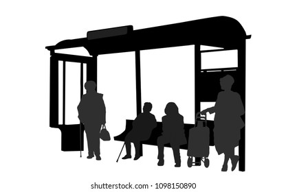 Passengers at bus station. People silhouette waiting for bus on white background, vector illustration