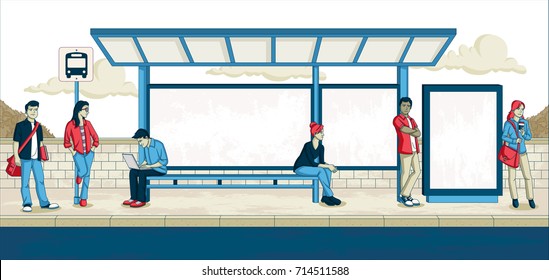 Passengers at bus stop. Cartoon people waiting for bus.

