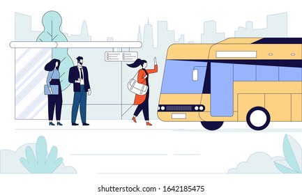 Passengers at bus stop flat banner vector template. Commuters waiting for autobus cartoon characters. Urban transportation means. Public transport on skyscrapers background. City infrastructure