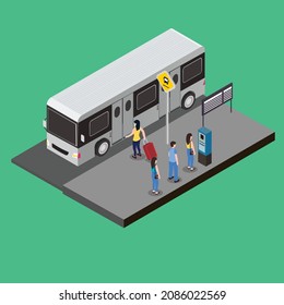 Passengers at bus stop isometric 3d vector concept for banner, website, illustration, landing page, flyer, etc.