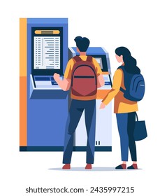 Passengers buying electronic train tickets at self service digital terminal railway railroad transport concept vertical