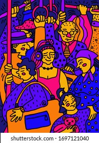Passengers cartoon characters are using bus, subway, trolleybus, tram. Men and women standing, holding handrails in public transport. Urban public transport flat vector illustration.