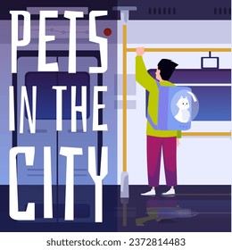 Passengers with cat in carrier backpack inside city bus or subway train. Pet in the city concept vector poster. Transportation of animal by owner. Best friend pet flat illustration.