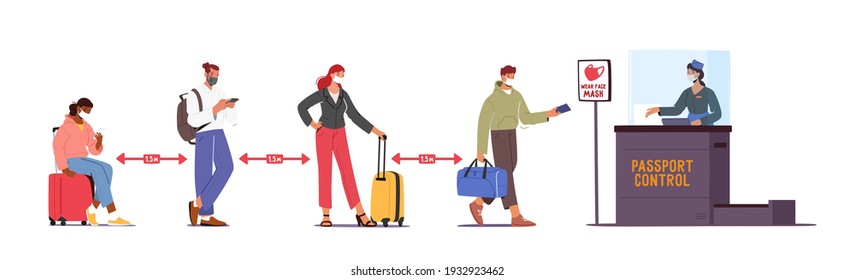 Passengers Characters in Medic Masks Stand in Queue Keep Distance Prepare Documents for Flight Registration in Airport Passport Control during Covid Pandemic. Cartoon People Vector Illustration