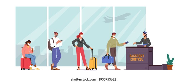 Passengers Characters in Medic Masks Stand in Queue Prepare Documents for Flight Registration in Airport Passport Control. Check in Boarding during Covid Pandemic. Cartoon People Vector Illustration