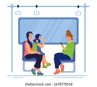 Passengers characters in subway or suburban train sitting and looking at window. People in public railway transport. Urban vehicle and transportation. Flat vector illustration isolated.