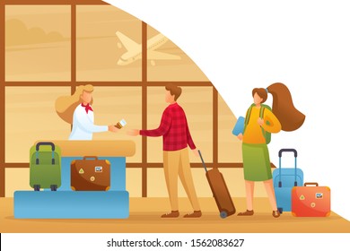Passengers are checked in for a flight, vacation, flight to another country. Flat 2D character. Concept for web design.