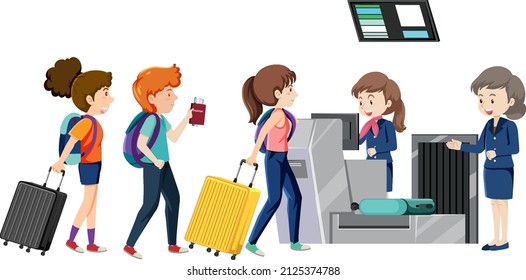 Passengers at check-in counter with service staffs illustration