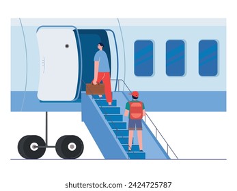 Passengers climb the stairs to board an airplane on the airport field to flight. Character design. Vector flat illustration