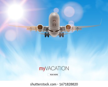Passengers Commercial Airplane Flying Above Clouds In Sunset Light. Vacation Concept Banner. EPS10 Vector