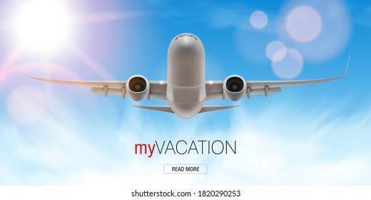 Passengers Commercial Airplane Flying Above Clouds In Sunset Light. Vacation Concept Banner. EPS10 Vector