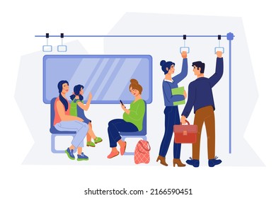 Passengers of commuter train, subway or public bus sitting and standing inside, flat vector illustration isolated on white background.